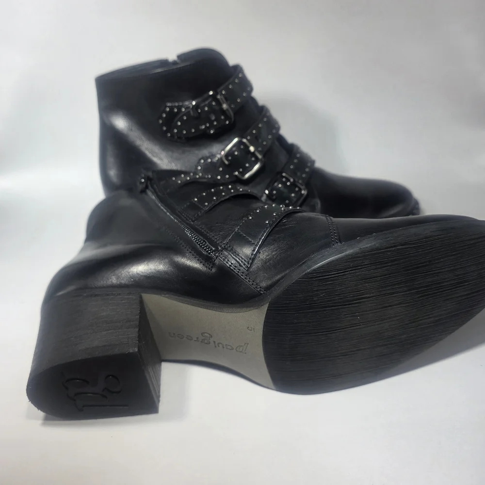 Paul Green Women’s Black Leather Studded Buckle Ankle Boots Size 5 Block Heel